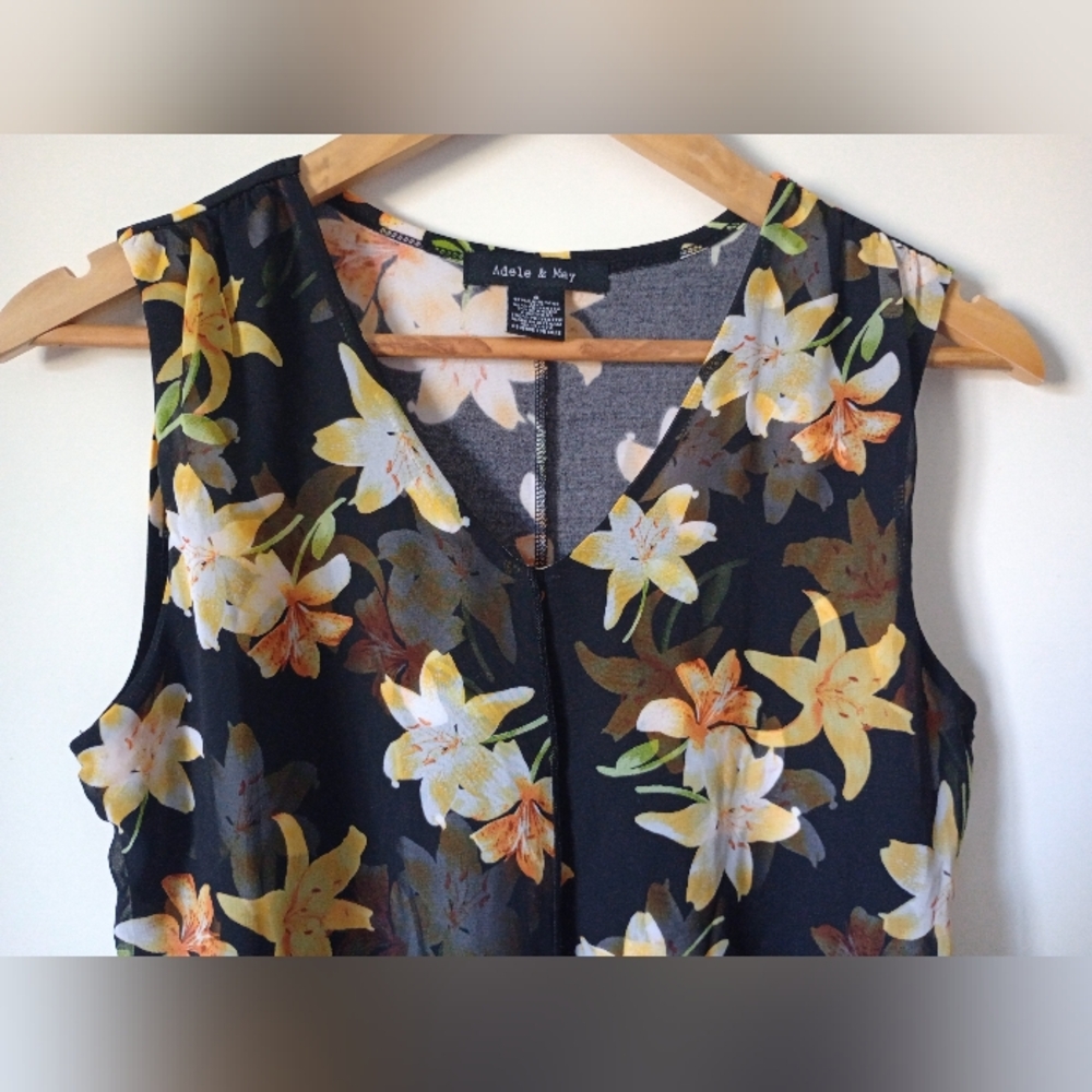 Adele & May Black and Yellow Floral Tropical Top with Sheer Overlay Size Small - Picture 4 of 12